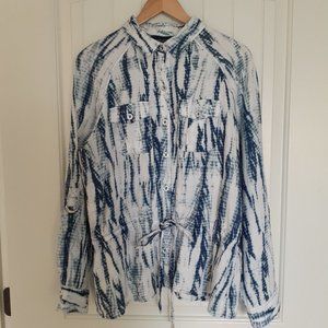 JNY Linen Tie Dye Button Front Top w/Waist Tie & Roll Tab Sleeves Blue Size XL